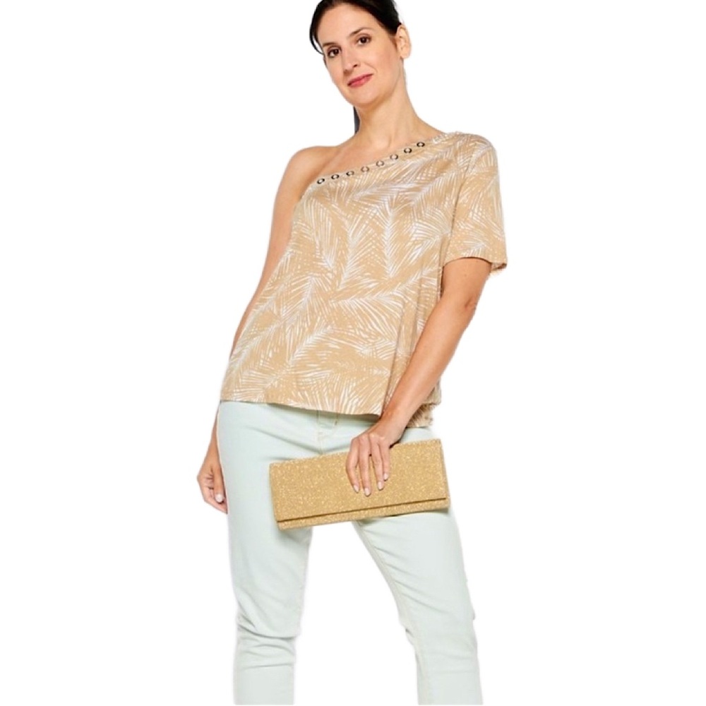 NWoT MICHAEL Michael Kors One-Shoulder Beige Grommet Short Sleeve Summer Top